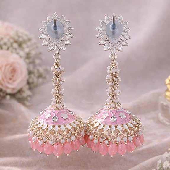 1 Pair Long Ethnic Jhumka Earring | Meenakari Jhumkas for Everyday Glamour | Gold-Plated Kundan & Beads Dangle Chandbali for Women | Stylish Traditional Trendy Jewellery Gift for Girls - View 4 of 6
