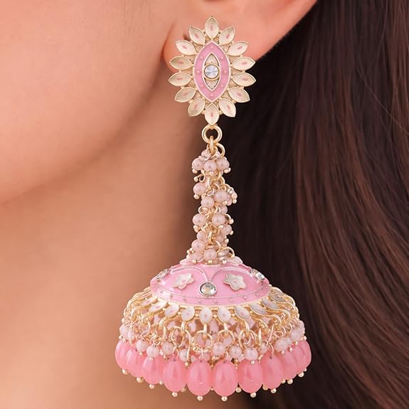1 Pair Long Ethnic Jhumka Earring | Meenakari Jhumkas for Everyday Glamour | Gold-Plated Kundan & Beads Dangle Chandbali for Women | Stylish Traditional Trendy Jewellery Gift for Girls - View 5 of 6