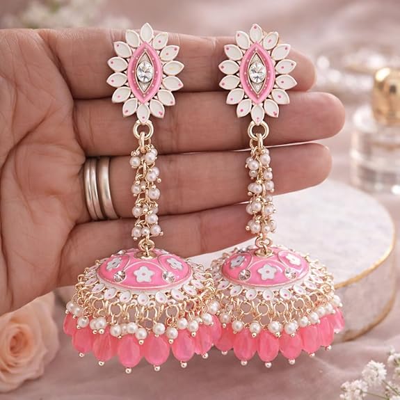 1 Pair Long Ethnic Jhumka Earring | Meenakari Jhumkas for Everyday Glamour | Gold-Plated Kundan & Beads Dangle Chandbali for Women | Stylish Traditional Trendy Jewellery Gift for Girls - View 6 of 6