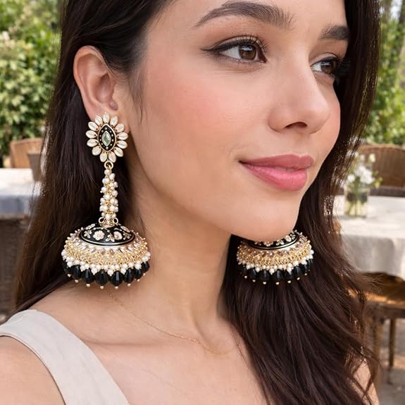 Long Ethnic Jhumka Earring | Meenakari Jhumkas for Everyday Glamour | Gold-Plated Kundan & Beads Dangle Chandbali for Women | Stylish Traditional Trendy Jewellery Gift for Girls - View 2 of 5