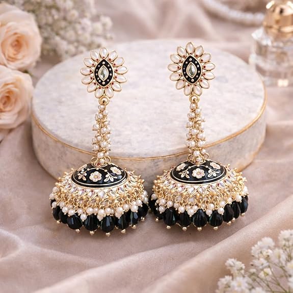 Long Ethnic Jhumka Earring | Meenakari Jhumkas for Everyday Glamour | Gold-Plated Kundan & Beads Dangle Chandbali for Women | Stylish Traditional Trendy Jewellery Gift for Girls - View 3 of 5