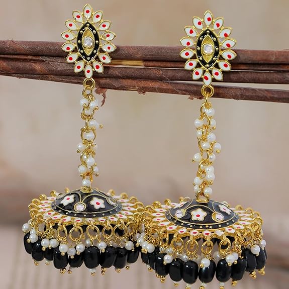 Long Ethnic Jhumka Earring | Meenakari Jhumkas for Everyday Glamour | Gold-Plated Kundan & Beads Dangle Chandbali for Women | Stylish Traditional Trendy Jewellery Gift for Girls - View 5 of 5