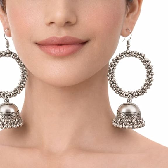 Kashmiri Oxidised Traditional Beaded Hoop Jhumka Dangler Earrings for Girls and Women | Classic Ethnic Silver Look Jewellery | Offer Price - View 2 of 4