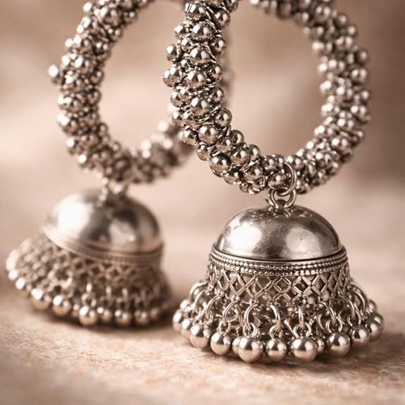 Kashmiri Oxidised Traditional Beaded Hoop Jhumka Dangler Earrings for Girls and Women | Classic Ethnic Silver Look Jewellery | Offer Price - View 3 of 4