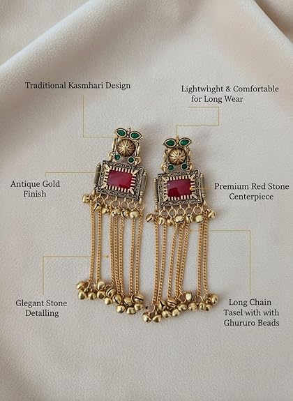 Gold Plated - Traditional Jhumka Earrings for Women | Antique Temple Design Long Dangler Earrings - View 2 of 4