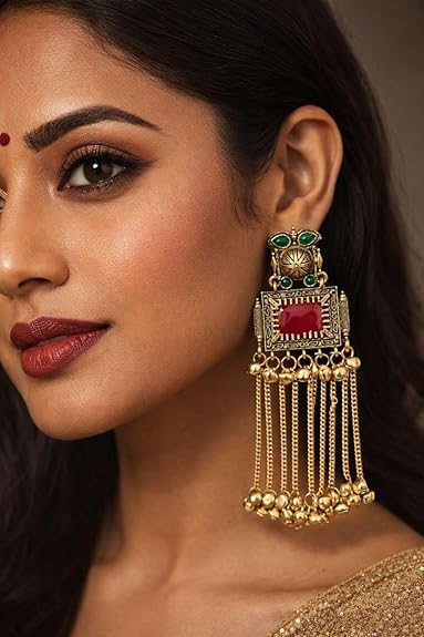 Gold Plated - Traditional Jhumka Earrings for Women | Antique Temple Design Long Dangler Earrings - View 3 of 4