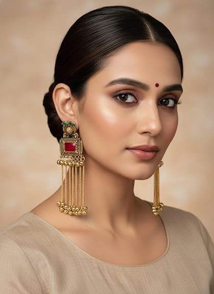 Gold Plated - Traditional Jhumka Earrings for Women | Antique Temple Design Long Dangler Earrings - View 4 of 4