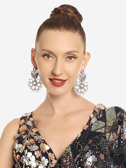 Zaveri Pearls Pink Silver Oxidised Stones & Beads Traditional Dangle Earring For Women-ZPFK16702 - View 2 of 5