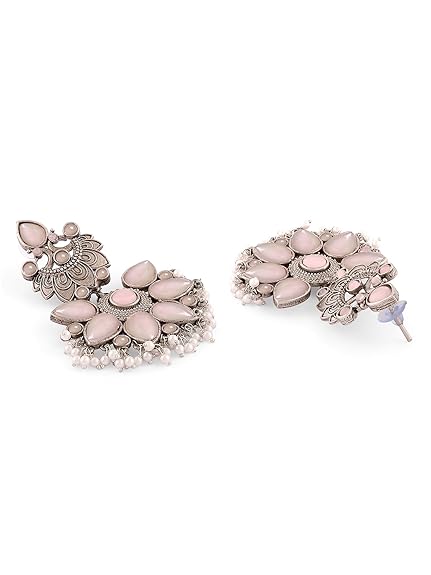 Zaveri Pearls Pink Silver Oxidised Stones & Beads Traditional Dangle Earring For Women-ZPFK16702 - View 3 of 5