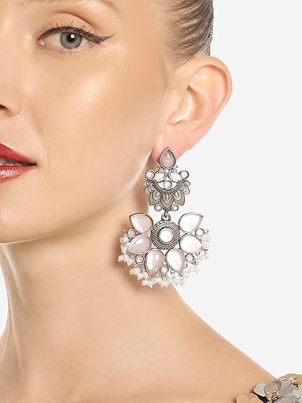Zaveri Pearls Pink Silver Oxidised Stones & Beads Traditional Dangle Earring For Women-ZPFK16702 - View 4 of 5
