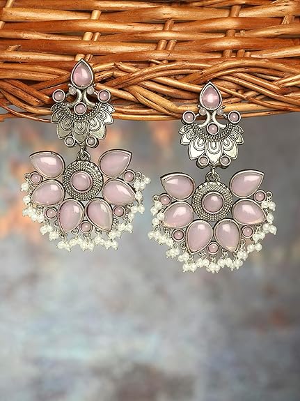 Zaveri Pearls Pink Silver Oxidised Stones & Beads Traditional Dangle Earring For Women-ZPFK16702 - View 5 of 5
