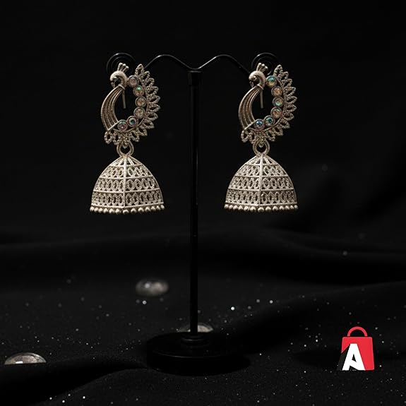 Traditional Earring for Woman - Jhumka for Girls - Bali Combo for Womens - Fashion Jhumkas - Diamond Round & Peacock Round Design Afghani Oxidised Silver Earrings (Total 2 Pair) - View 3 of 7