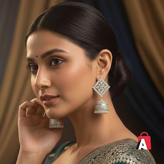 Traditional Earring for Woman - Jhumka for Girls - Bali Combo for Womens - Fashion Jhumkas - Diamond Round & Peacock Round Design Afghani Oxidised Silver Earrings (Total 2 Pair) - View 6 of 7