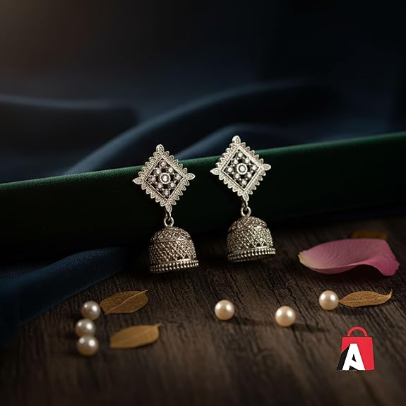 Traditional Earring for Woman - Jhumka for Girls - Bali Combo for Womens - Fashion Jhumkas - Diamond Round & Peacock Round Design Afghani Oxidised Silver Earrings (Total 2 Pair) - View 7 of 7