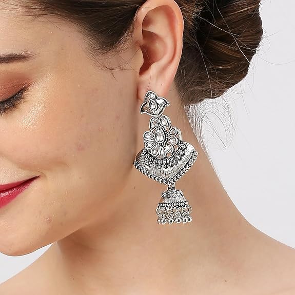 Young & Forever Boho Gypsy Silver Oxidised and Gold Oxidised Earrings Afghani Tribal Hoop Earrings for Girls and Silver Disk Earrings for Women - View 2 of 4