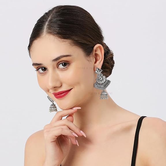 Young & Forever Boho Gypsy Silver Oxidised and Gold Oxidised Earrings Afghani Tribal Hoop Earrings for Girls and Silver Disk Earrings for Women - View 3 of 4