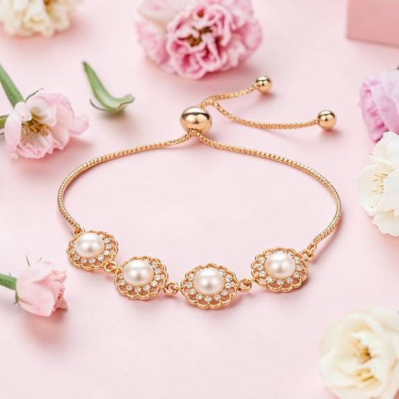 Nilu's Collection Rose Gold Plated Pearl Floral Adjustable Bracelet For Women And Girls - View 2 of 3