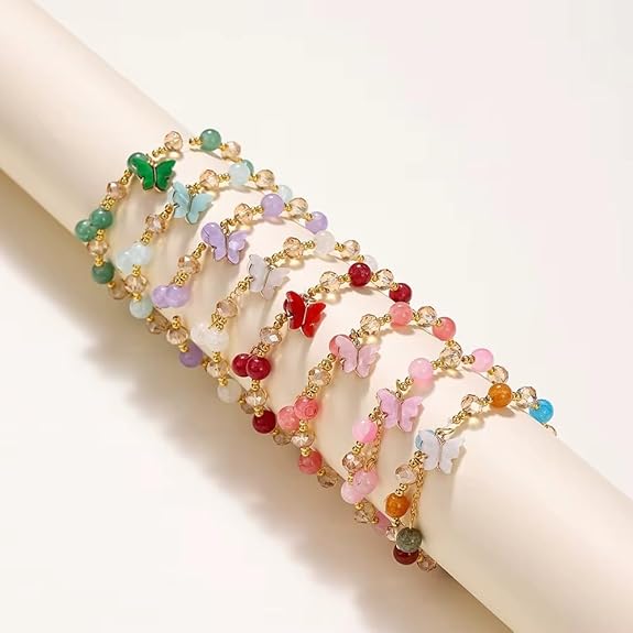 Crystal Glass Beads Stretch Charm Bracelet for Women & Girls | Butterfly Leaf Pendant | Christmas, New Year, Birthday, Valentine Gift Jewellery | Multicolor Elastic Fashion Bracelet - View 2 of 5