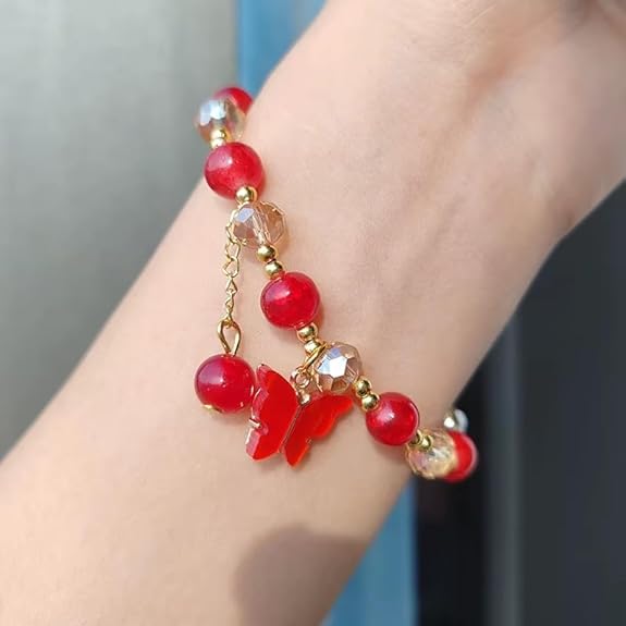 Crystal Glass Beads Stretch Charm Bracelet for Women & Girls | Butterfly Leaf Pendant | Christmas, New Year, Birthday, Valentine Gift Jewellery | Multicolor Elastic Fashion Bracelet - View 3 of 5