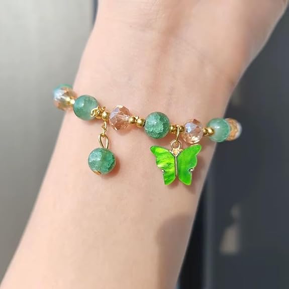 Crystal Glass Beads Stretch Charm Bracelet for Women & Girls | Butterfly Leaf Pendant | Christmas, New Year, Birthday, Valentine Gift Jewellery | Multicolor Elastic Fashion Bracelet - View 4 of 5