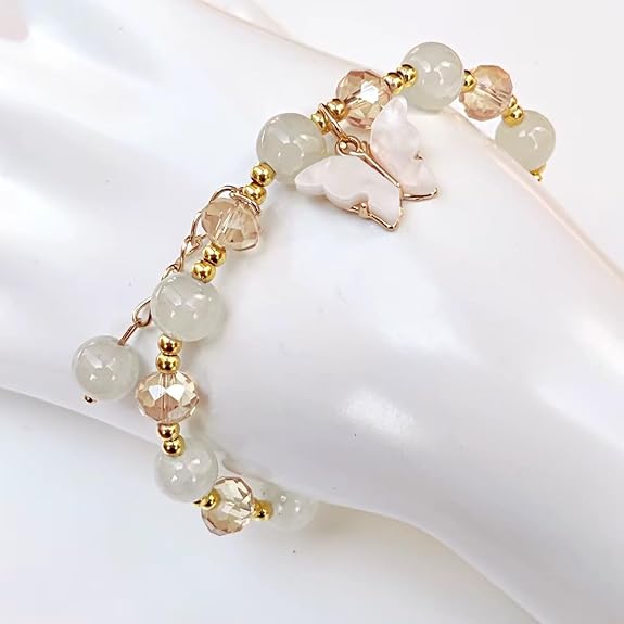 Crystal Glass Beads Stretch Charm Bracelet for Women & Girls | Butterfly Leaf Pendant | Christmas, New Year, Birthday, Valentine Gift Jewellery | Multicolor Elastic Fashion Bracelet - View 5 of 5