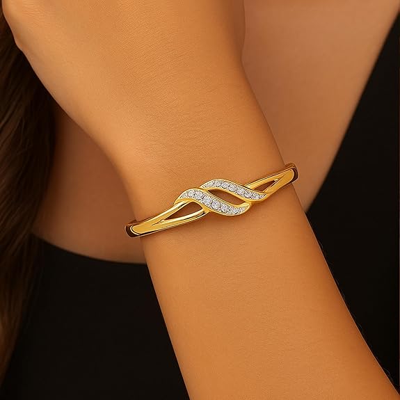 Estele Jewellery Bracelet For Women Gold & Rhodium Plated Wave Designer Twin Line Wrap Cuff Bracelet with White Crystals for Girls and Women-101734-2TNWE BR - View 2 of 5