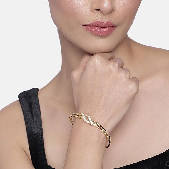 Estele Jewellery Bracelet For Women Gold & Rhodium Plated Wave Designer Twin Line Wrap Cuff Bracelet with White Crystals for Girls and Women-101734-2TNWE BR - View 4 of 5