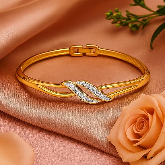 Estele Jewellery Bracelet For Women Gold & Rhodium Plated Wave Designer Twin Line Wrap Cuff Bracelet with White Crystals for Girls and Women-101734-2TNWE BR - View 5 of 5