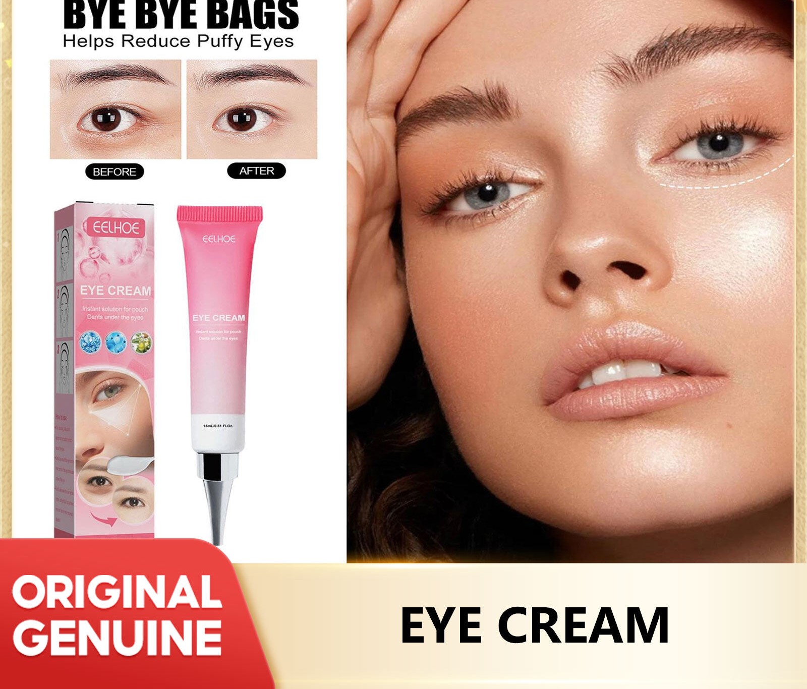 Eelhoe Instant Eye Cream Anti-Dark Circles Puffiness Eye Bags Removal Smooth Elastic Moisturizing Whitening Firming Anti-Wrinkle Fine Lines Repair Eye Care Hydrating Brightening Daily Use Fast Absorbing Formula - View 2 of 3