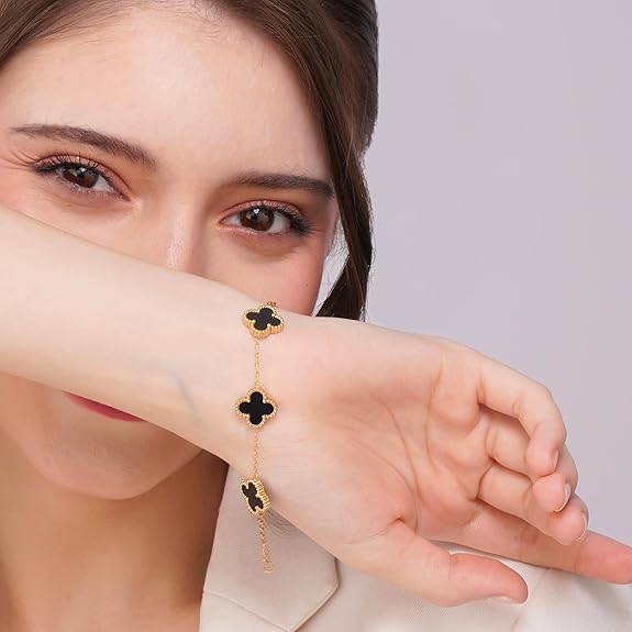 SALVE Clover Anti Tarnish Bracelet for Women Stylish | Stainless Steel Bracelet for Woman | Fashion Jewellery for Women Aesthetic Accessories for Girls Chain Bracelet Gold - View 3 of 4
