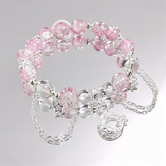 2Pcs Bracelet for Girls Stylish, Crystal Fish Tail and Moon Bracelets, Cute Beaded Bracelet for Kids and Girls, Ideal for Birthday Gifts, Friendship Day, Party Accessories, Pink and Blue - View 4 of 6