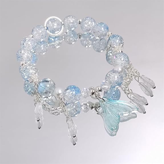 2Pcs Bracelet for Girls Stylish, Crystal Fish Tail and Moon Bracelets, Cute Beaded Bracelet for Kids and Girls, Ideal for Birthday Gifts, Friendship Day, Party Accessories, Pink and Blue - View 5 of 6