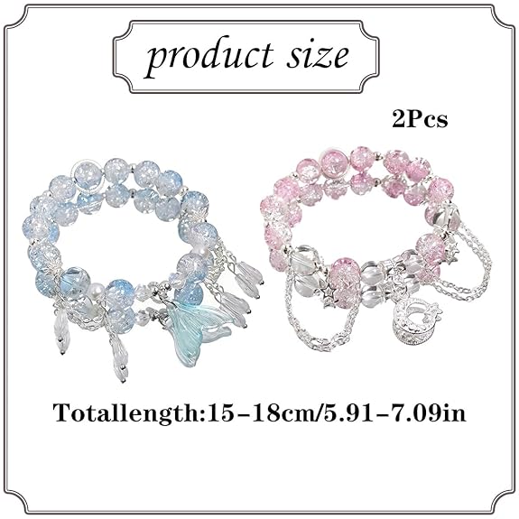 2Pcs Bracelet for Girls Stylish, Crystal Fish Tail and Moon Bracelets, Cute Beaded Bracelet for Kids and Girls, Ideal for Birthday Gifts, Friendship Day, Party Accessories, Pink and Blue - View 6 of 6