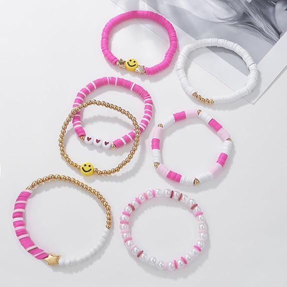 Shining Diva Fashion 7Pcs Combo Latest Stylish Beach Surfer Bracelets Set | Colorful Preppy Heishi Bracelet | Multilayer Boho Happy Smile Heart Star Stretch Beaded Bracelets | Evil Eye Stackable Beaded Bracelets | Y2K Pearl Bracelets Set for Women Girls Teens - View 4 of 5
