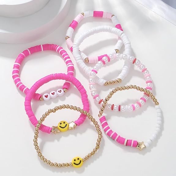 Shining Diva Fashion 7Pcs Combo Latest Stylish Beach Surfer Bracelets Set | Colorful Preppy Heishi Bracelet | Multilayer Boho Happy Smile Heart Star Stretch Beaded Bracelets | Evil Eye Stackable Beaded Bracelets | Y2K Pearl Bracelets Set for Women Girls Teens - View 5 of 5