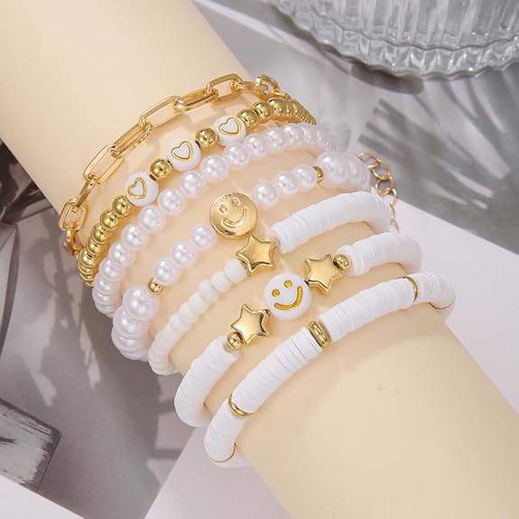  Diva Fashion 7Pcs Combo Latest Stylish Beach Surfer Bracelets Set | Colorful Preppy Heishi Bracelet | Multilayer Boho Happy Smile Heart Star Stretch Beaded Bracelets | Evil Eye Stackable Beaded Bracelets | Y2K Pearl Bracelets Set for Women Girls Teens - View 2 of 5