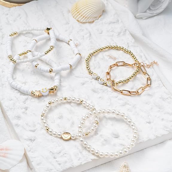  Diva Fashion 7Pcs Combo Latest Stylish Beach Surfer Bracelets Set | Colorful Preppy Heishi Bracelet | Multilayer Boho Happy Smile Heart Star Stretch Beaded Bracelets | Evil Eye Stackable Beaded Bracelets | Y2K Pearl Bracelets Set for Women Girls Teens - View 3 of 5