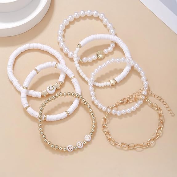  Diva Fashion 7Pcs Combo Latest Stylish Beach Surfer Bracelets Set | Colorful Preppy Heishi Bracelet | Multilayer Boho Happy Smile Heart Star Stretch Beaded Bracelets | Evil Eye Stackable Beaded Bracelets | Y2K Pearl Bracelets Set for Women Girls Teens - View 4 of 5