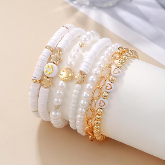  Diva Fashion 7Pcs Combo Latest Stylish Beach Surfer Bracelets Set | Colorful Preppy Heishi Bracelet | Multilayer Boho Happy Smile Heart Star Stretch Beaded Bracelets | Evil Eye Stackable Beaded Bracelets | Y2K Pearl Bracelets Set for Women Girls Teens - View 5 of 5