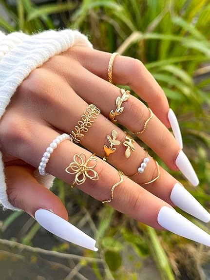 Jewellery Combo Of 10 Gold Tone Pearl Floral Party Fashion Ring Set For Women & Girls Stylish Latest - View 2 of 3