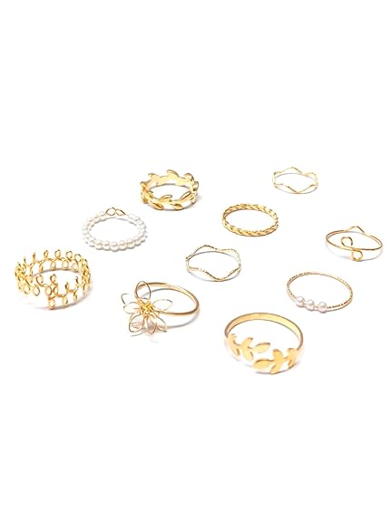 Jewellery Combo Of 10 Gold Tone Pearl Floral Party Fashion Ring Set For Women & Girls Stylish Latest - View 3 of 3