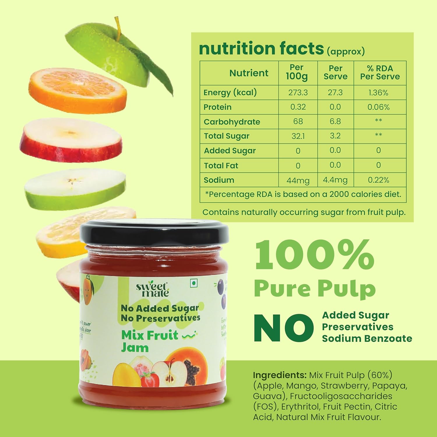 Sweetmate Mix Fruit Jam for Kids and Adults - (220g) | 100% Pure No Added Sugar | With Real Fruit Pulp | Naturally Sweetened | Diabetic and Keto Friendly | Delicious Jam - View 6 of 6