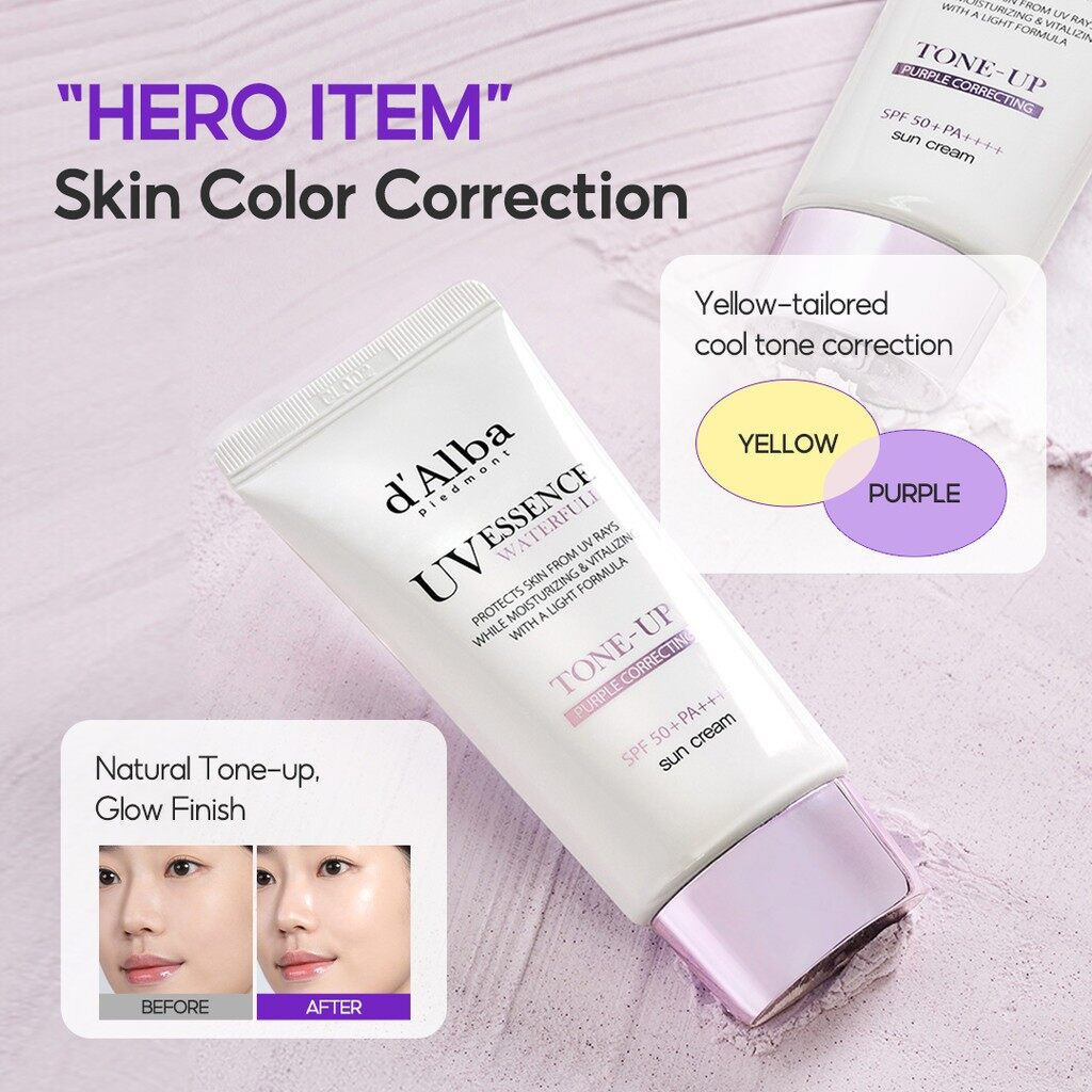d’Alba UV Essence Waterfull Tone-Up Purple Correcting Sun Cream SPF50+ PA++++ 50ml Moisturizing Brightening Sunscreen White Truffle Centella Asiatica UV Protection Tone Correcting Korean Skincare - View 2 of 3