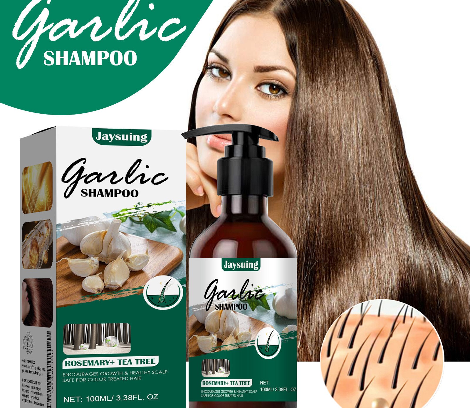 JAYSUING Garlic Hair Growth Shampoo Hair Regrowth Serum Natural Hair Growth Treatment Anti Hair Loss Itchy Scalp Relief Deep Cleansing Nourishing Repair Hair Serum Liquid 100ml - View 2 of 3