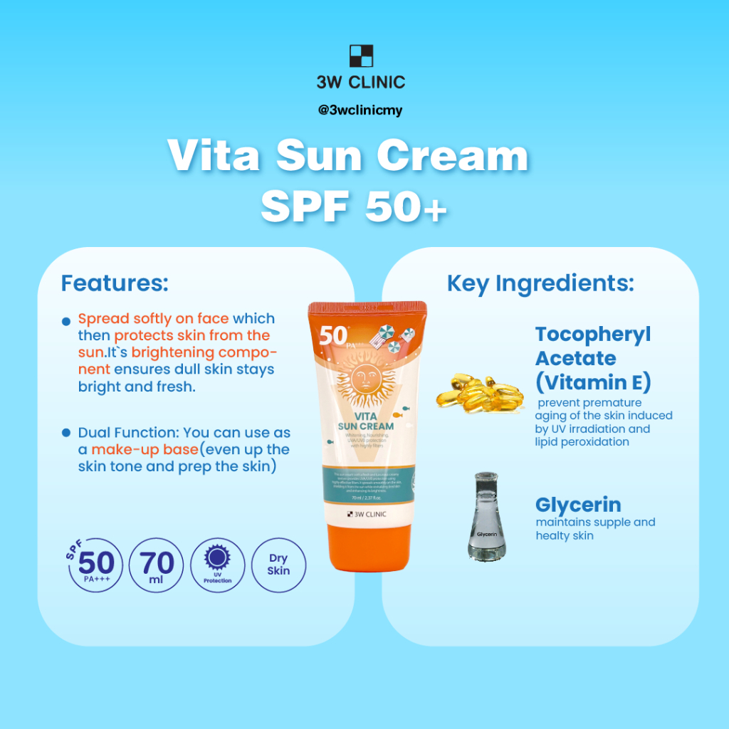 3W CLINIC Vita Sun Cream SPF50+ PA+++ Brightening Moisturizing UV Protection Sunscreen Lightweight Non-Greasy Tone Up Sunblock Radiant Glow Skin Care Daily Use Cream 70ml - View 2 of 3