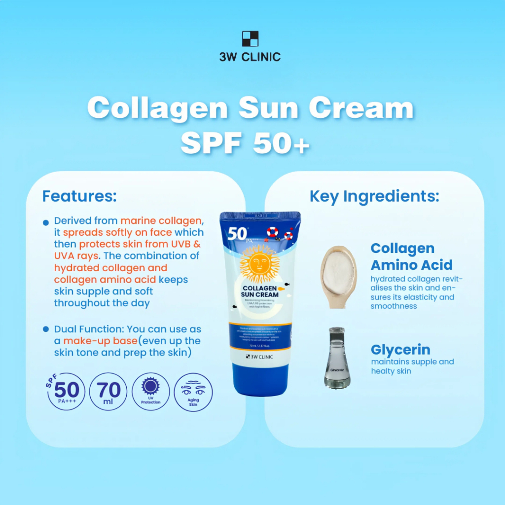 3W CLINIC Vita Sun Cream SPF50+ PA+++ Brightening Moisturizing UV Protection Sunscreen Lightweight Non-Greasy Tone Up Sunblock Radiant Glow Skin Care Daily Use Cream 70ml - View 3 of 3