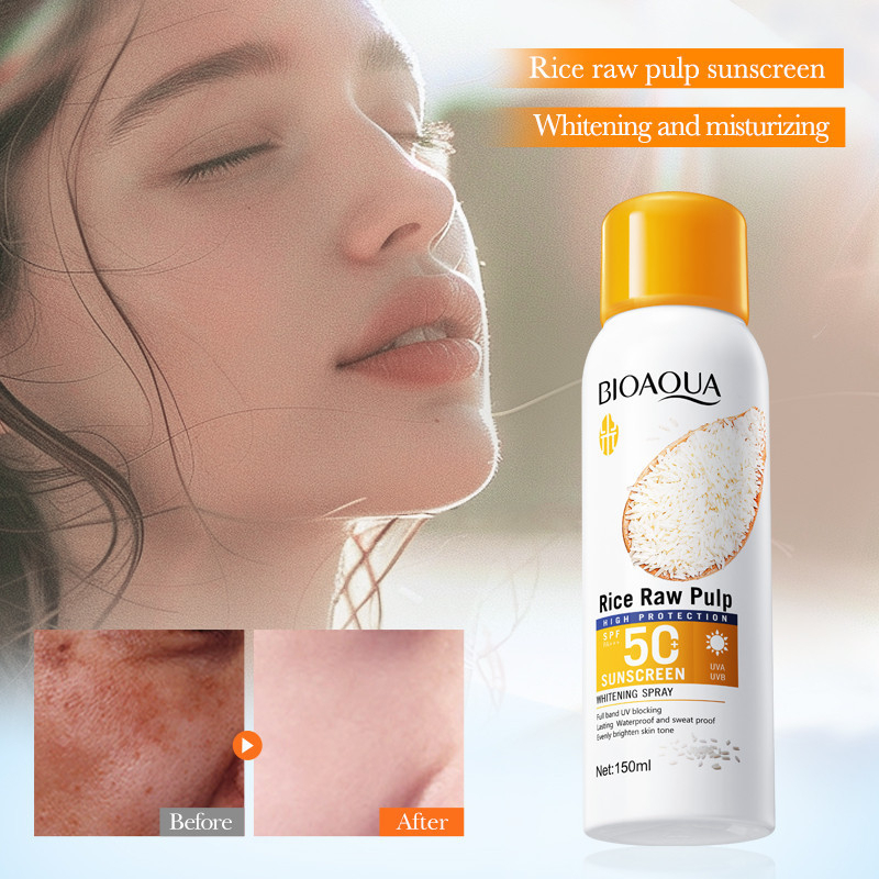 BIOAQUA Rice Raw Pulp Sunscreen Spray SPF50+ PA+++ Waterproof Sweatproof UV Protection Whitening Mist Lightweight Non-Greasy Brightening Hydrating Easy Apply Fast Absorbing Sunblock 150ml - View 2 of 3