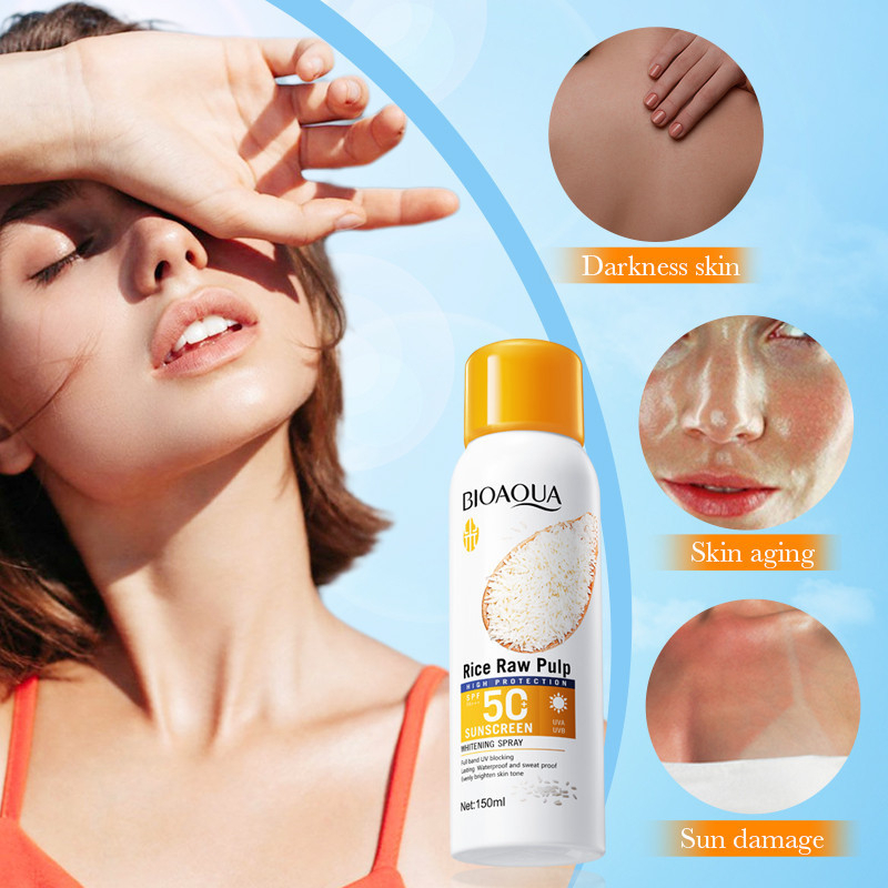 BIOAQUA Rice Raw Pulp Sunscreen Spray SPF50+ PA+++ Waterproof Sweatproof UV Protection Whitening Mist Lightweight Non-Greasy Brightening Hydrating Easy Apply Fast Absorbing Sunblock 150ml - View 3 of 3