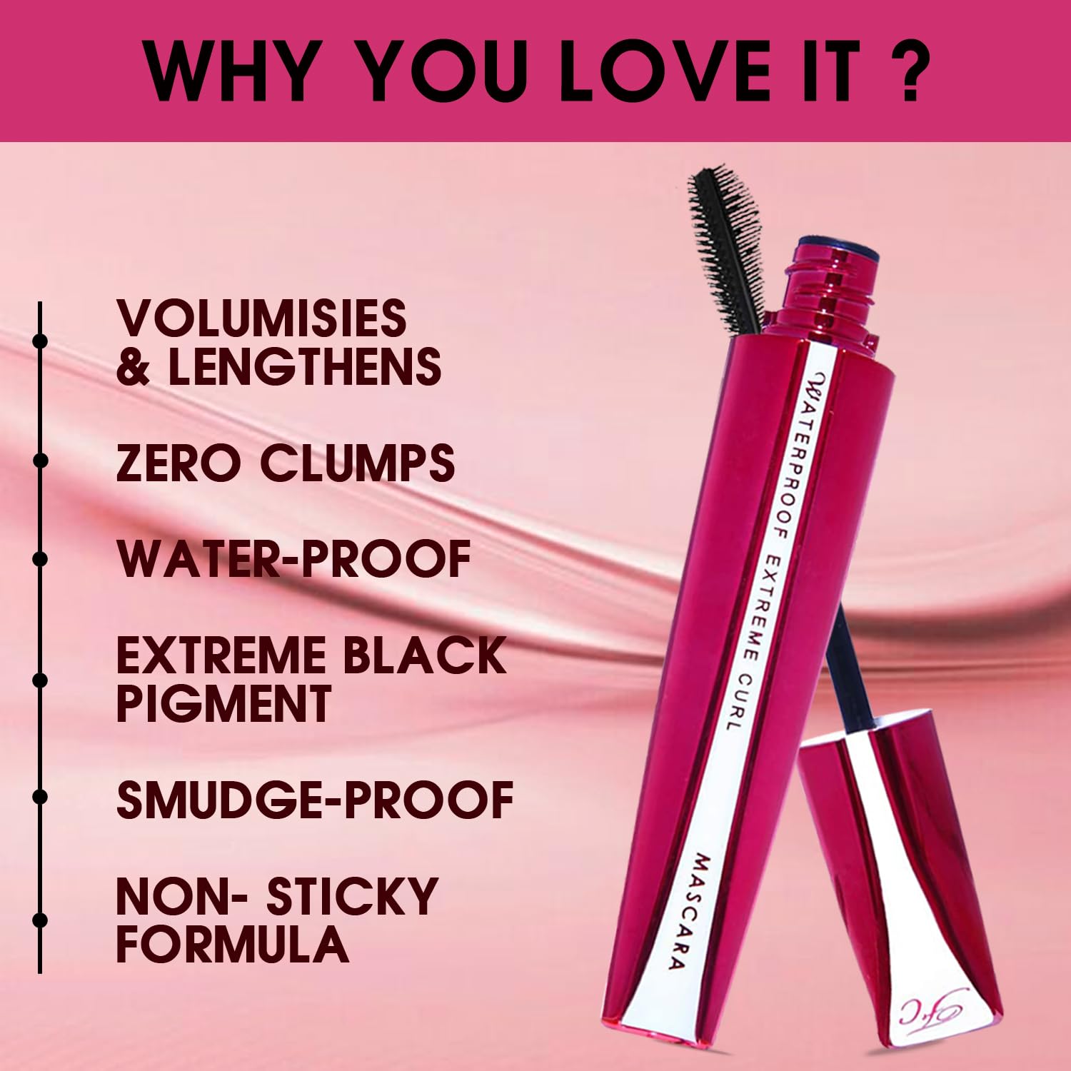 FASHION COLOUR Platinum Waterproof Mascara | Super Dense | Double Effect Silicon Brush | Extreme Curl | Waterproof | Volumising | Long Lasting | Extreme Black | Smudeproof | BLACK 8G - View 3 of 5