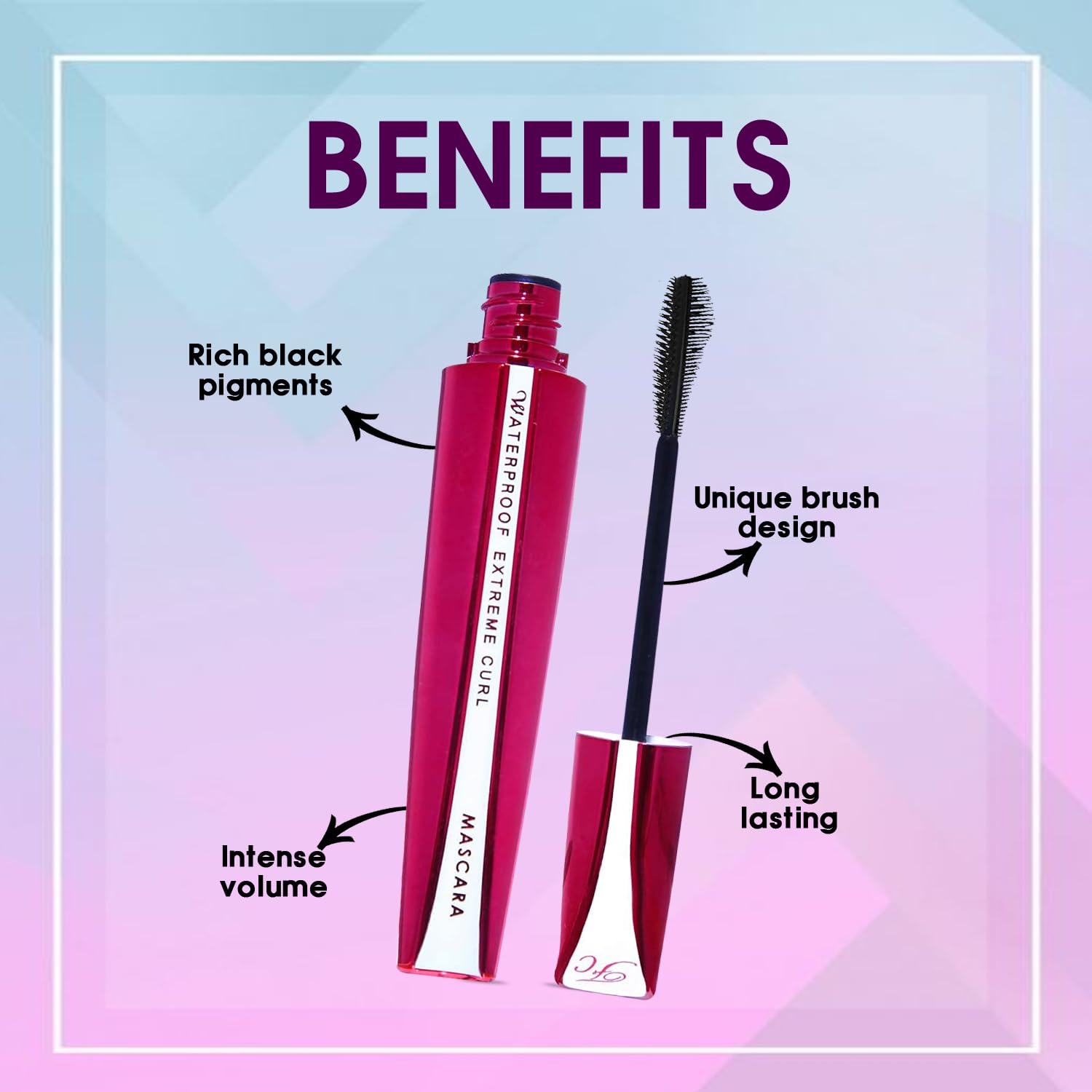 FASHION COLOUR Platinum Waterproof Mascara | Super Dense | Double Effect Silicon Brush | Extreme Curl | Waterproof | Volumising | Long Lasting | Extreme Black | Smudeproof | BLACK 8G - View 5 of 5
